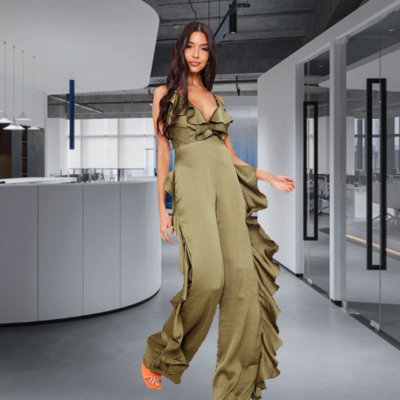 Foreign Trade Women's Clothing INS Deep V Satin Backless Women's Jumpsuit Summer Solid Color Ruffled Sling European and American Jumpsuit Women Foreign Trade Women's Clothing INS Deep V Satin Backless Women's Jumpsuit Summer Solid Color Ruffled Sling European and American Jumpsuit Women