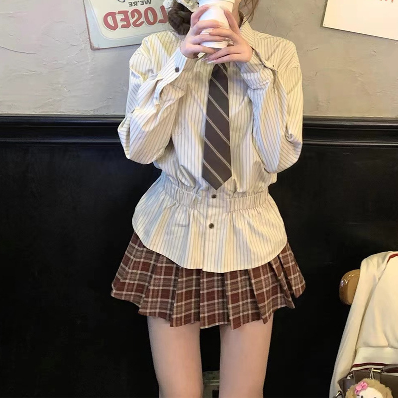 【可可暖咖】条纹衬衫棒球领外套秋季百搭百褶裙套装学院风2025新|undefined