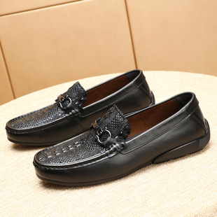 New Top-Layer Cowhide Loafers Single-Layer Men's Fashion Resin Crocodile Pattern Moccasins British Style Internet Celebrity Casual Men's Shoes
