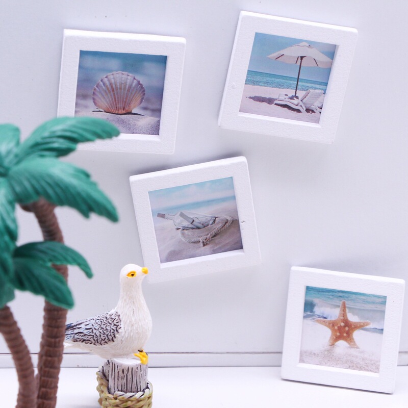 Doll House Mini Summer Beach Series Photo Frame BJD Wall Decoration Miniature Mediterranean Landscape Mural Decoration