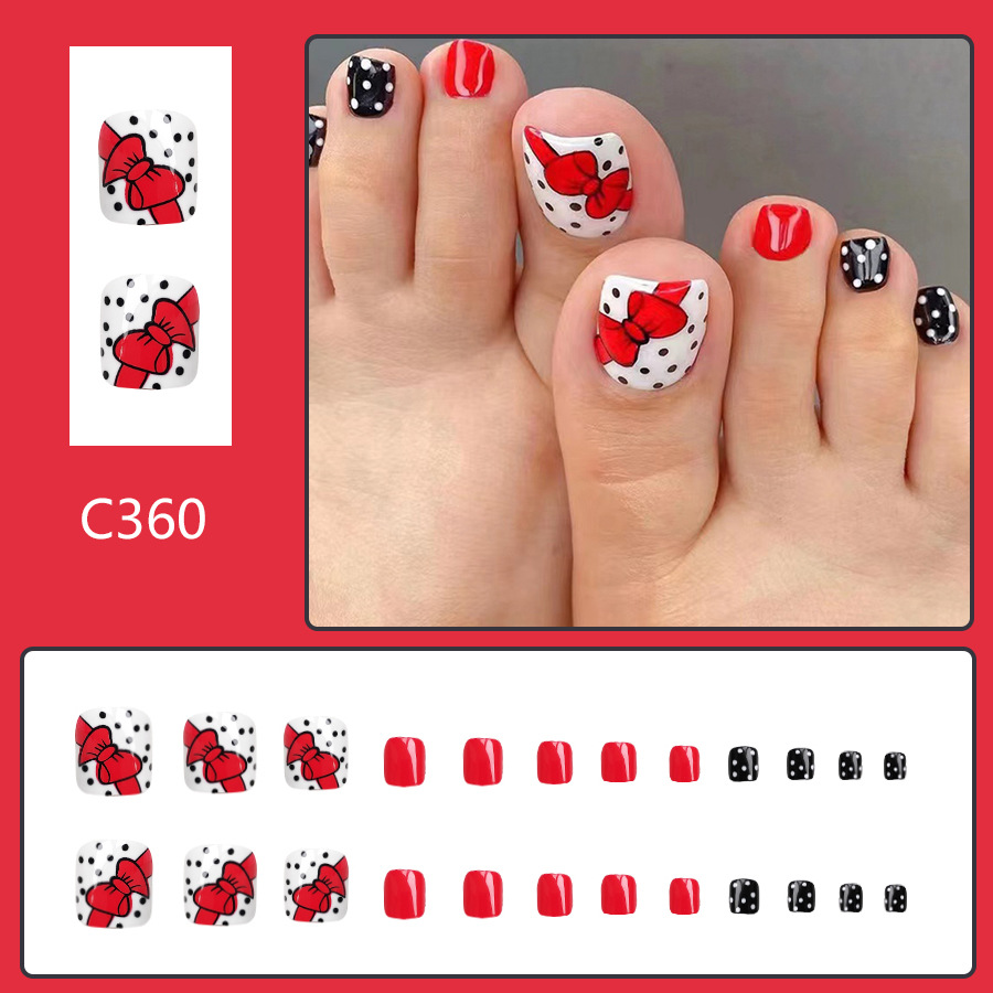 Short glossy summer toe nail red bow corrugated wear nail simple European and American Foreign trade ins24 pieces_voghion.com