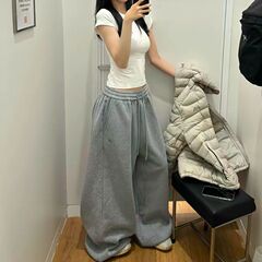 2025春春款网红ins复古慵懒风阔腿宽松休闲拖地卫裤百搭运动长裤