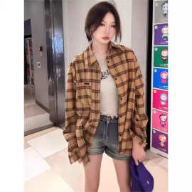 潮牌美式格子衬衫男慵懒风情侣上衣秋冬季薄款姜黄色格纹休闲衬衣