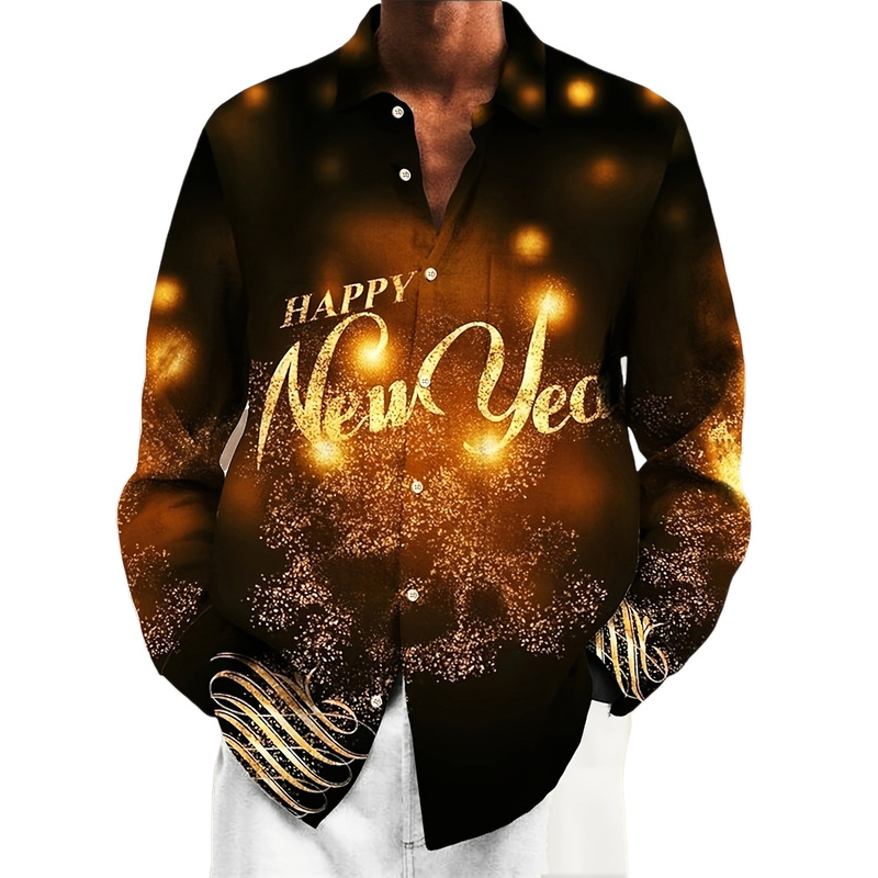Amazon New Year Fireworks Text Printed Long Sleeve Shirt Men's Holiday Party Shirt in Stock One Piece Dropshipping