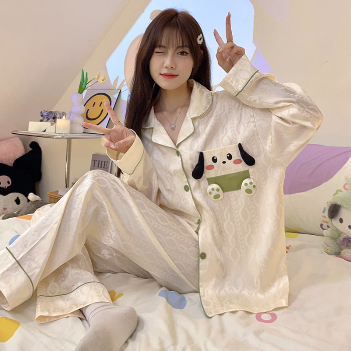 Estilo coreano ins Net estilo rojo pijamas de Seda Hielo Las Mujeres Otoño e Invierno manga larga dibujos animados lindo dulce chica desgaste del hogar traje