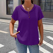 跨境亚马逊夏季女士优雅时尚褶皱面料纯色假纽扣娃娃领上衣t恤