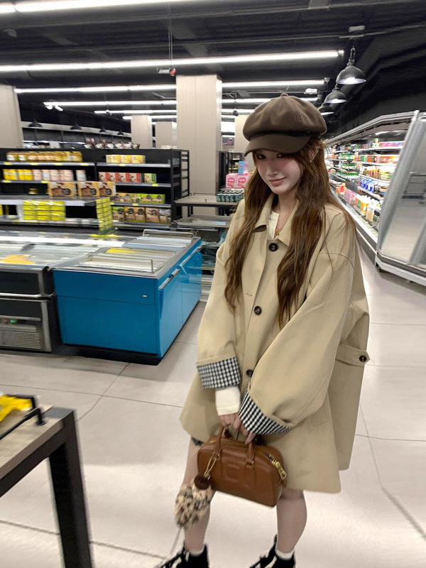格子风衣外套女2025春新款中长款高级感小个子英伦风休闲大衣外套|undefined