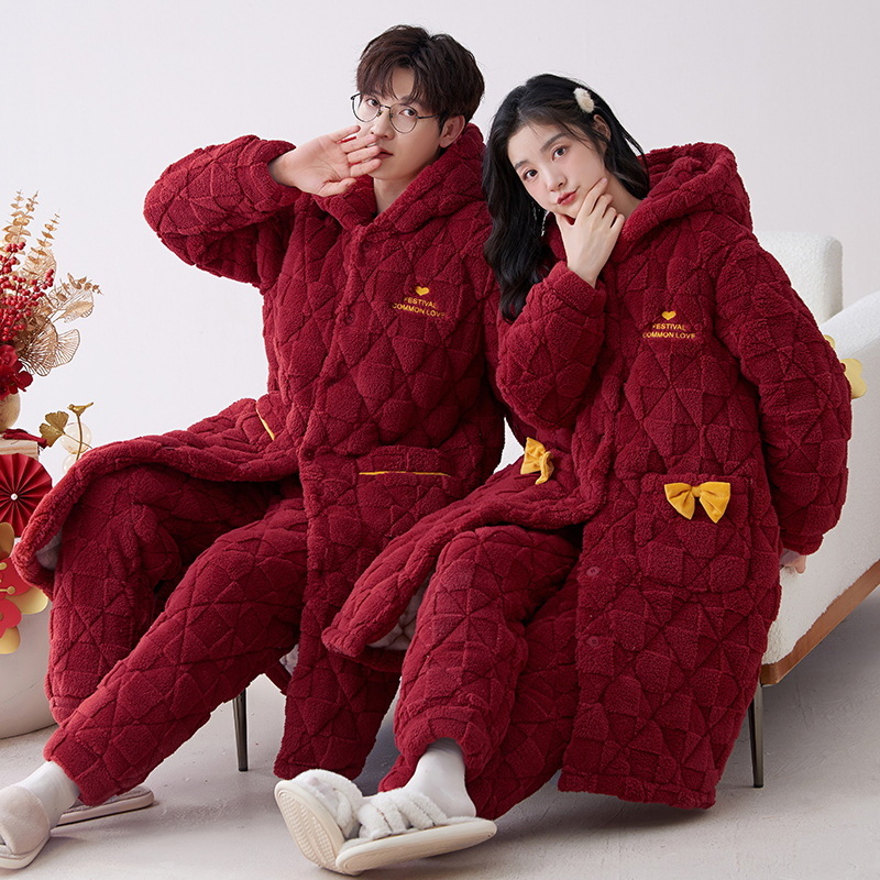 Pijamas de pareja invierno coral polar camisón de invierno acolchado de tres capas pijamas de boda traje de pareja