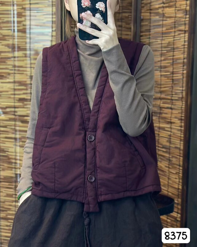 新款复古棉质金典棉马甲女V领无袖宽松外搭保暖开衫棉服|undefined