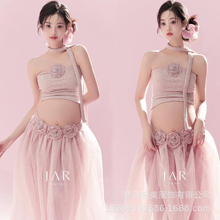 Pregnant women's photo clothing new beautiful wind small fresh pink two-piece pregnant mommy belly photo clothes at home