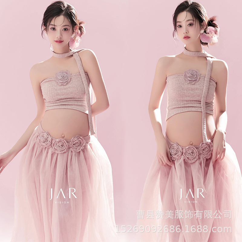 Pregnant women's photo clothing new beautiful wind small fresh pink two-piece pregnant mommy belly photo clothes at home