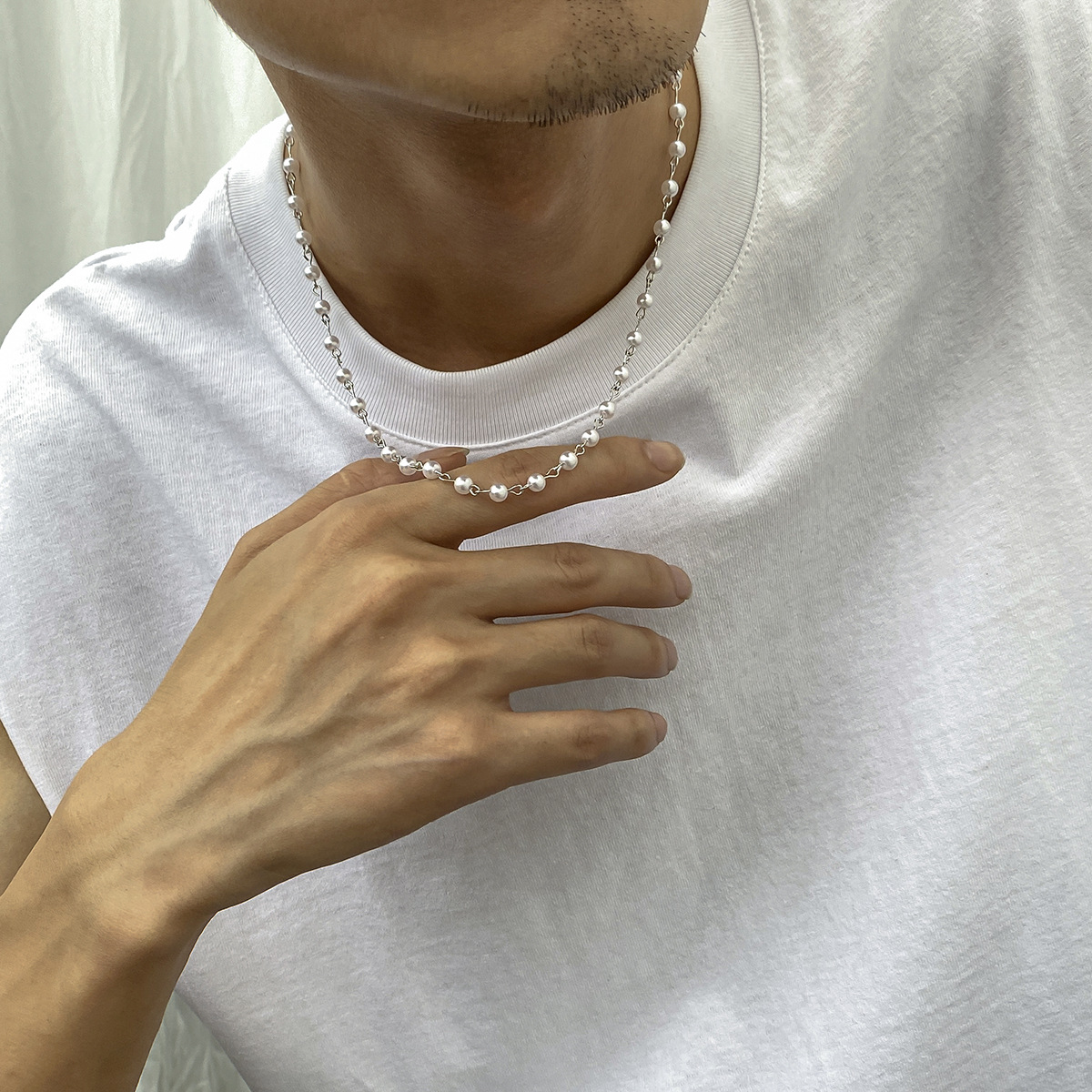 Daily Occasion Men'S Hip-Hop Fashion Necklace Geometric Splicing Iron Pearl Men's Chain Necklaces