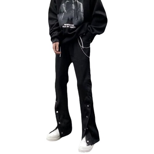 American street-style vibe casual button-down jeans for men with zipper fly and split design, loose straight-leg floor-length pants