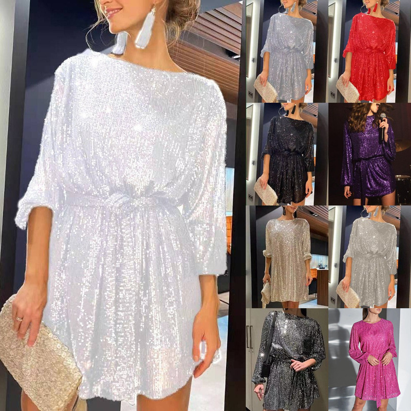 2027 European and American New Style Independent Brand Holiday Party Fashion Sequin Beaded Waist-Cinching Dress Cocktail Dress