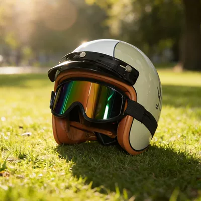 Motorcycle 3/4 Retro Helmet for Men and Women, Electric Vehicle Helmet, All-Season Riding Safety Helmet with Goggles