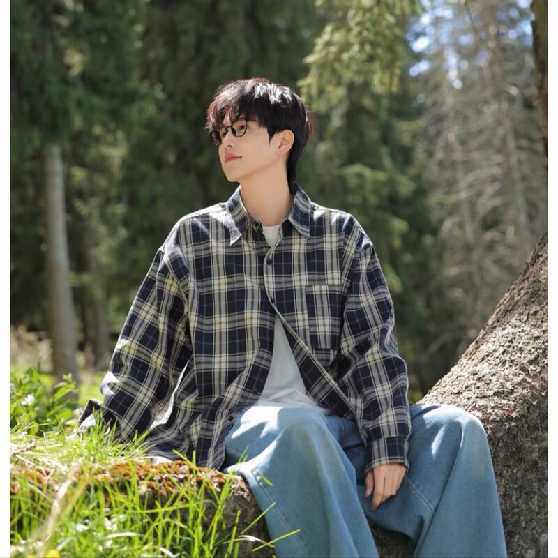 Japanese Style Retro Plaid Shirt Men's Long-sleeved Spring and Autumn New Loose Casual High-end Shirt Jacket for Boys