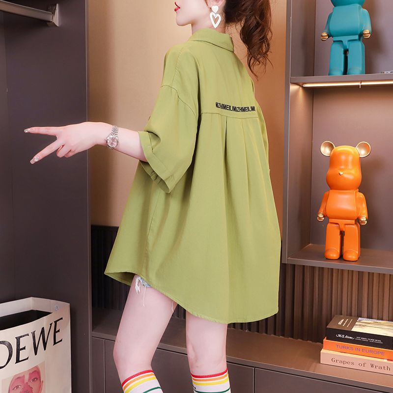 中长款2023夏季polo短袖衬衫女宽松百搭休闲大码女装薄款上衣外套