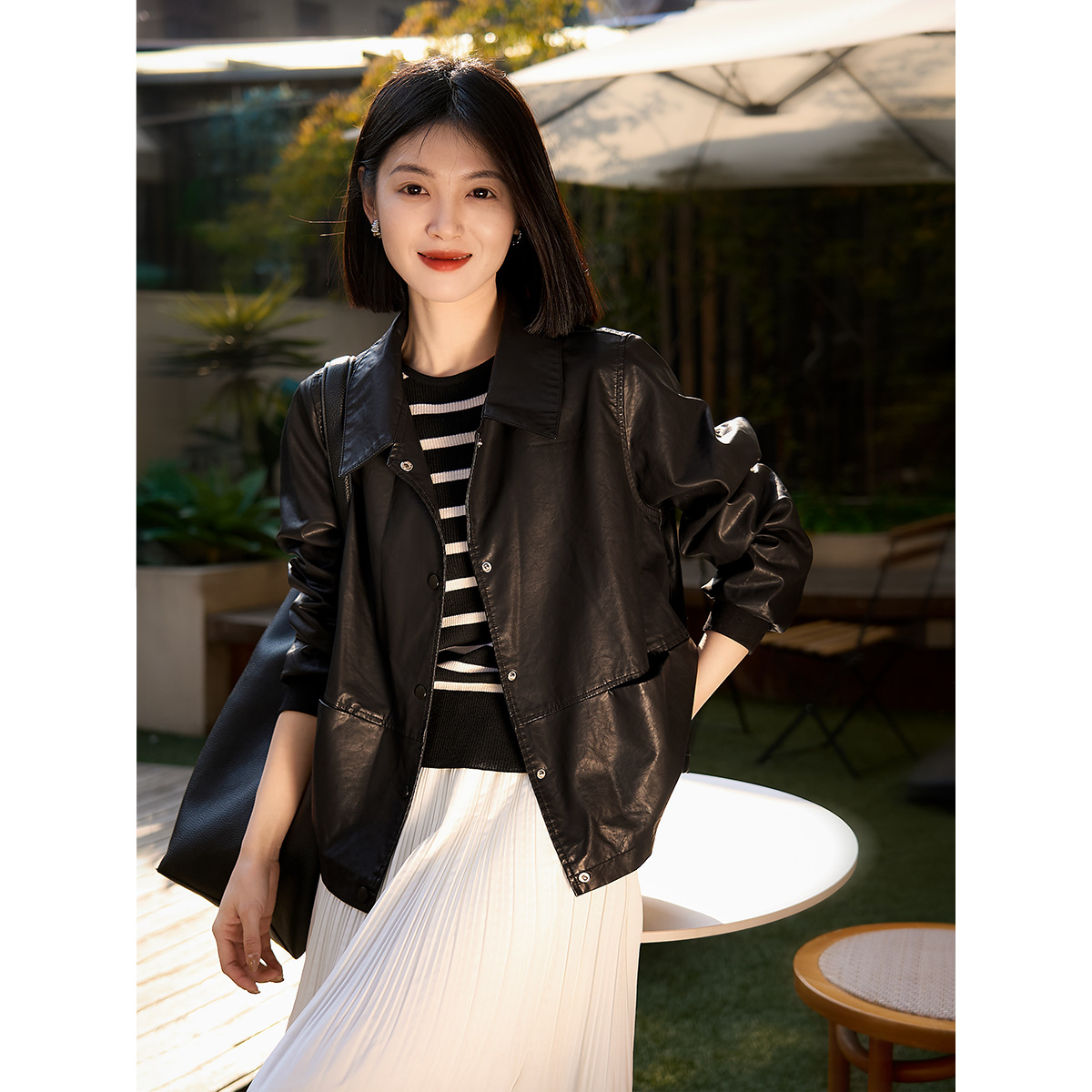 【笑涵阁天猫福利款】2025年春装新品皮衣女环保皮衬衫夹克短外套