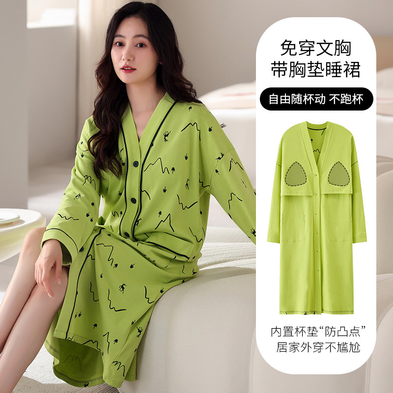 여성용 잠옷 봄, 가을 긴팔 순면 가슴 패드 내장 올인원 가디건 5XL 초대형 사이즈 가을, 겨울 스타일 홈