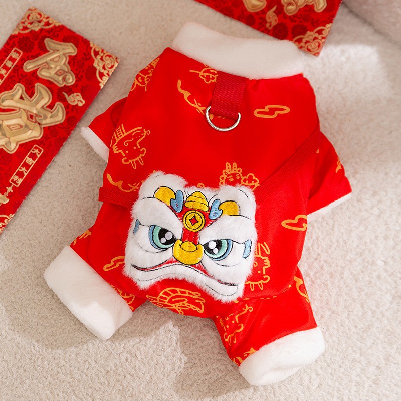 Año nuevo mascota Tang traje León danza pareja ropa de algodón acolchado ropa de Año Nuevo ropa de perro festivo gato dos pies ropa de perro caliente