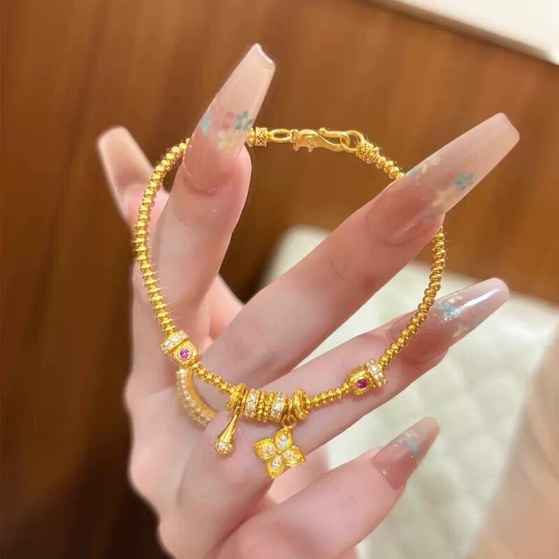 Real Gold-Plated Strong Color Retention Ancient Sand Gold Four-Leaf Clover Water Drop Gold Bead Bracelet Exquisite High-End Versatile Light Luxury Bracelet