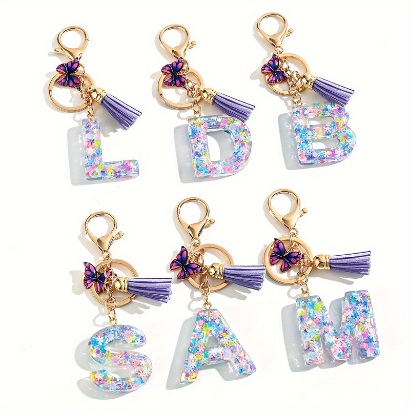 Cross-Border Hot-Selling Sequin Resin English Letters Butterfly Tassel Jewelry Pendant Keychain Bag Decoration