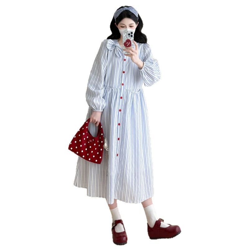 孕妇棉麻连衣裙秋季新款宽松大码孕妇装条纹长袖孕妇裙有内衬可哺|undefined