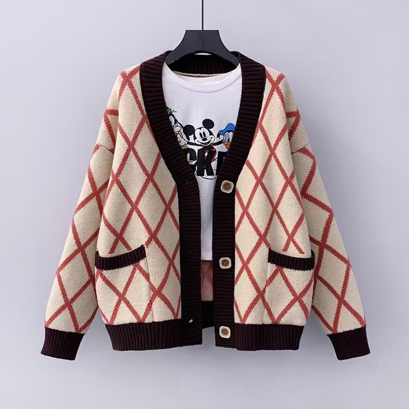 2025 Cross-Border Amazon Autumn and Winter New Loose Diamond Pattern Single-Breasted Pocket Knitted Sweater Cardigan Jacket for Women