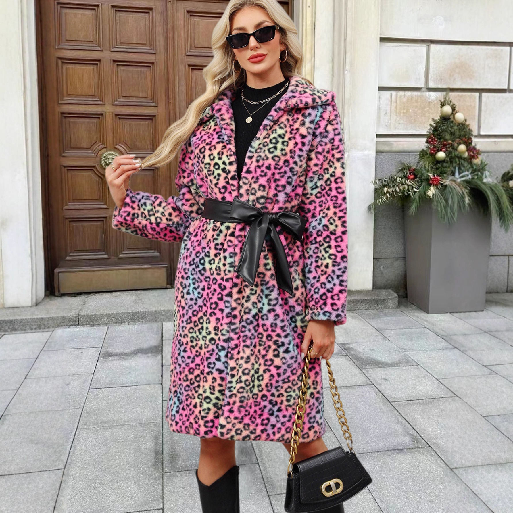 Women's Clothing Luxury Faux Fur Coat – Leopard Print Winter Coat With Notched Collar For Women_voghion.com