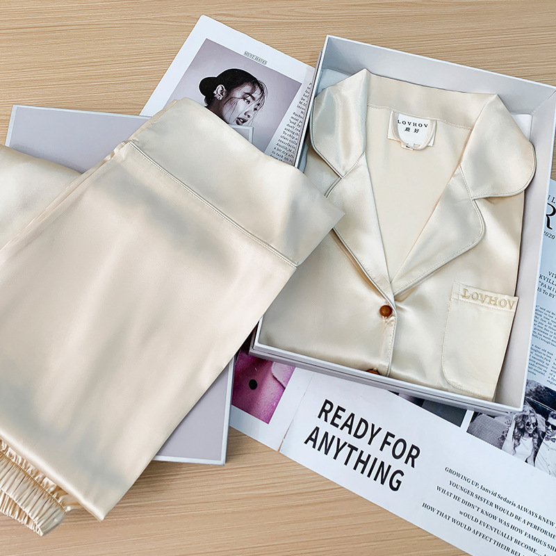 Luhao French-Style Ice Silk Pajamas for Women, Spring and Summer Long-Sleeved Casual Loungewear, Light Luxury High-End Set, Gift Box for Best Friends