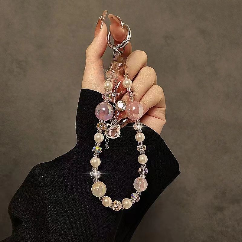 Creativo teléfono móvil colgante colgante gato borla ligero lujo corto hada gas perla cristal cadena portátil cordón de carcasa para teléfono móvil