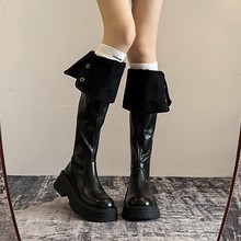 复古小个子厚底增高长筒靴女秋冬时尚百搭加绒高筒皮靴过膝骑士靴