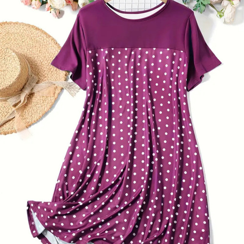 Summer Dress for Women - Simple Commute Polka Dot Crew Neck Short Sleeve Pajama Dress - Hot Selling Cross-Border Item from Europe and America