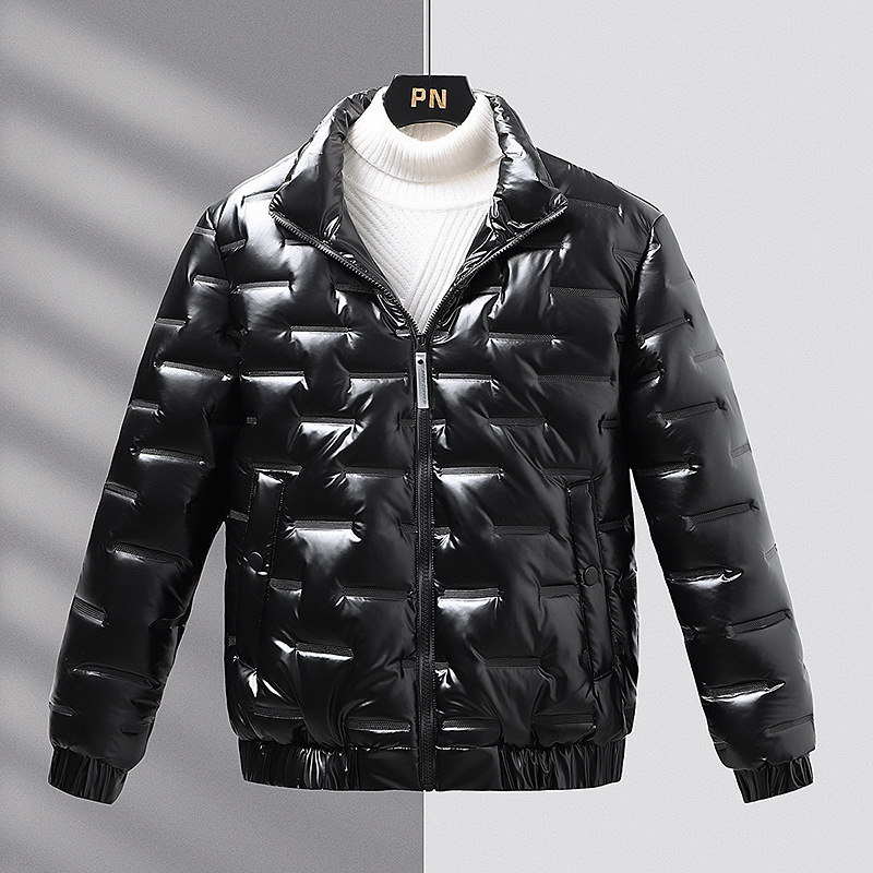 2023 Winter New Solid Color Bright Face Men's Casual Slim Fit Stand Collar Thick Cotton Jacket_voghion.com