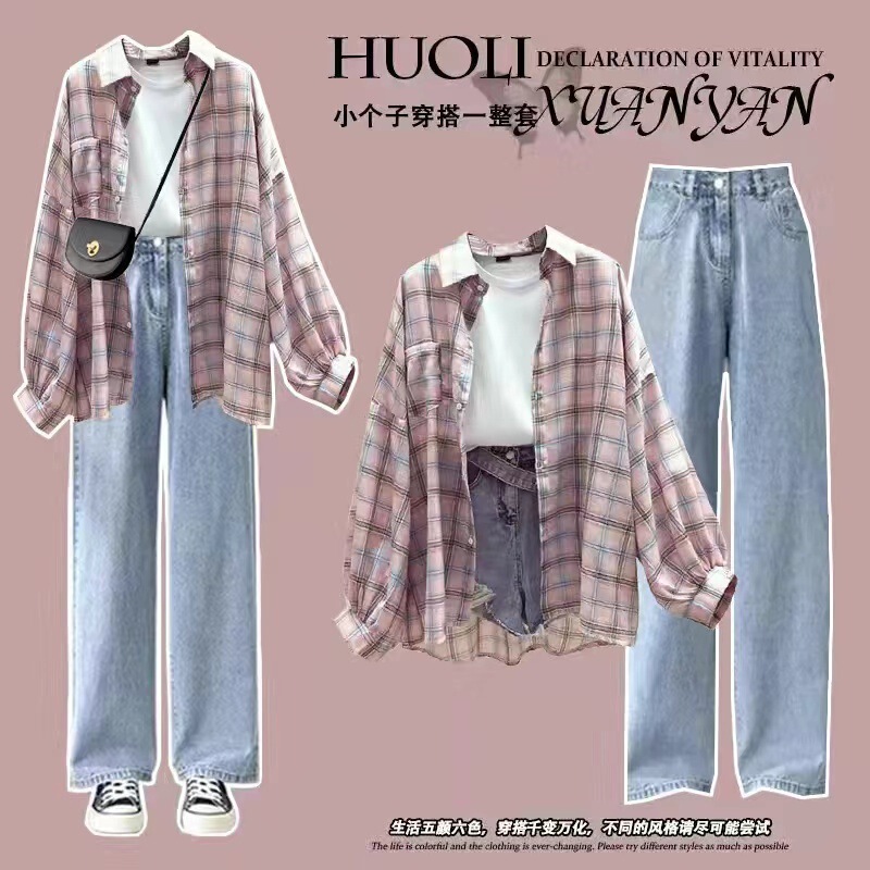 夏の女子学生韓国風ルーズ長袖チェック柄日焼け止め服シャツ+半袖Tシャツ+|undefined