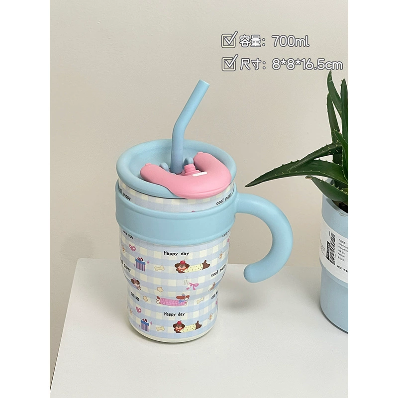Capacious tea cup, straw, high quality glass with glass