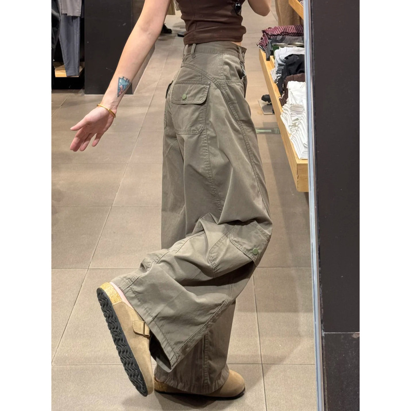 American Retro Military Green Work Pants for Women, Spring 2026 New High-Waisted Loose Fleece-Lined Wide-Leg Casual Pants