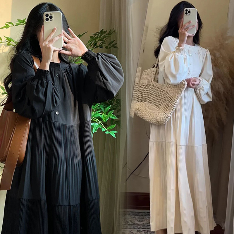 Maternity 2024 Early Autumn New Loose Slimming Pleated Simple Artistic Elegant Gentle Casual Maternity Dress