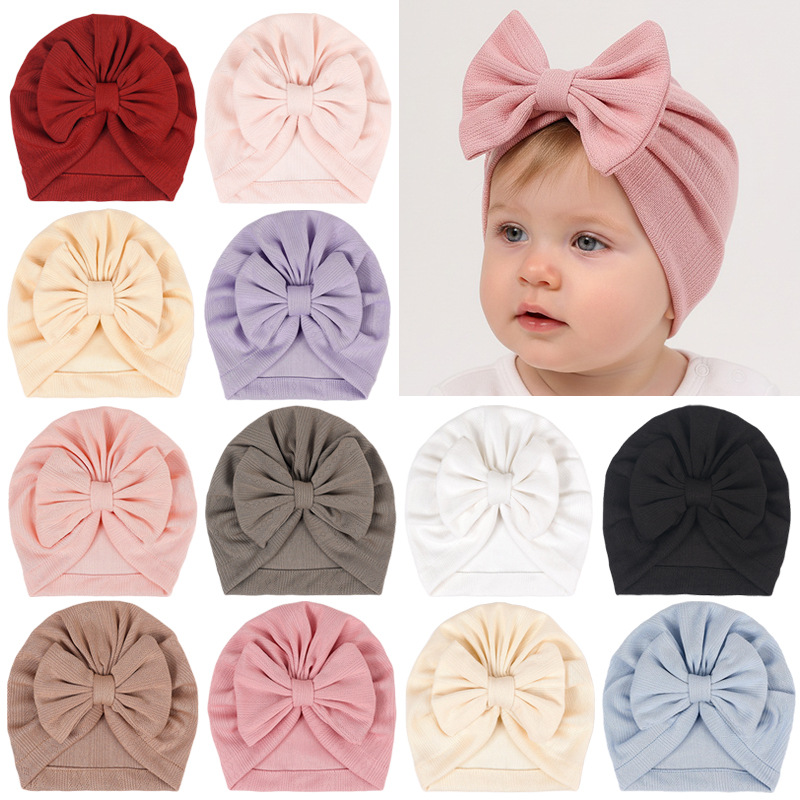 Cross-Border 2026 New Children's Hats, 12-Color Large Bow Baby Hats, Cute Boys' and Girls' Pullover Hats