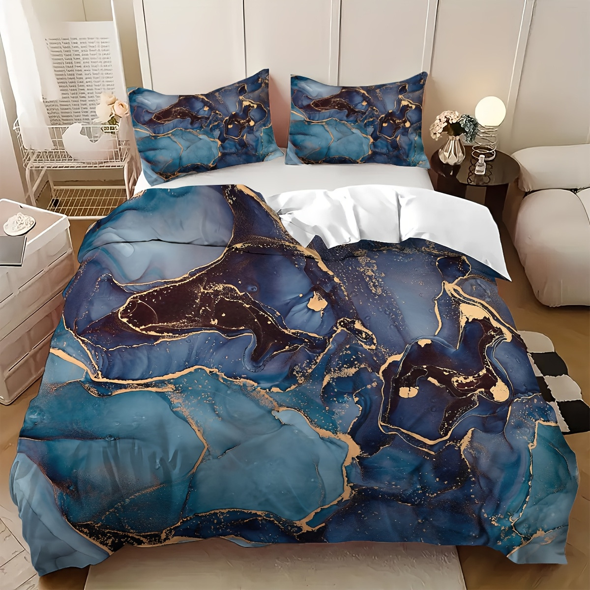 Transfronterizo tibetano azul oro mármol textura suave molienda impresión digital kit de colcha de tela se puede diseñar