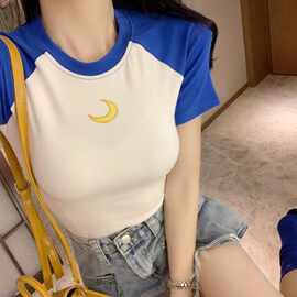 夏季撞色拼接紧身显胸大短袖t恤女学生时尚百搭印花修身打底上衣