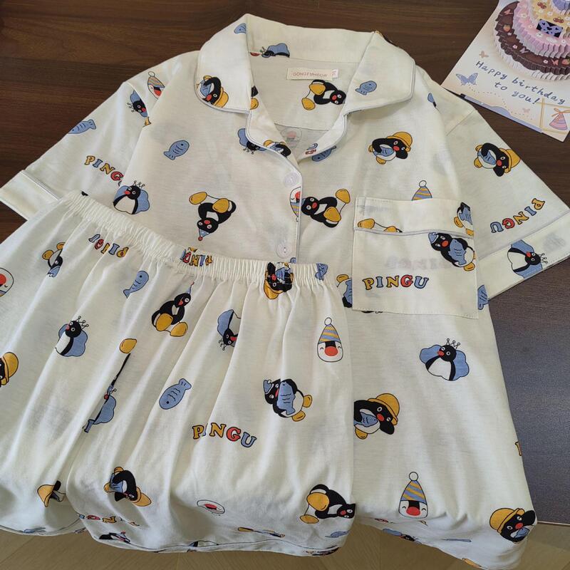 2025 New Robot Pingu Cotton Short-sleeved Shorts Pajamas Women's Spring and Autumn Home Clothes suit