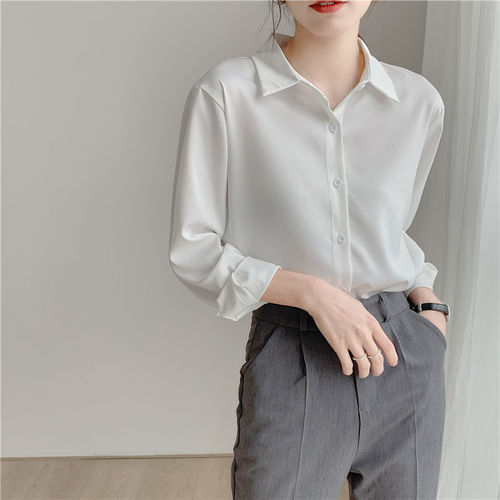 Silk Smooth White Satin Women's Long Sleeve Lightweight Maturing Trousers Interview Formal Business High-end Elegant Blouse