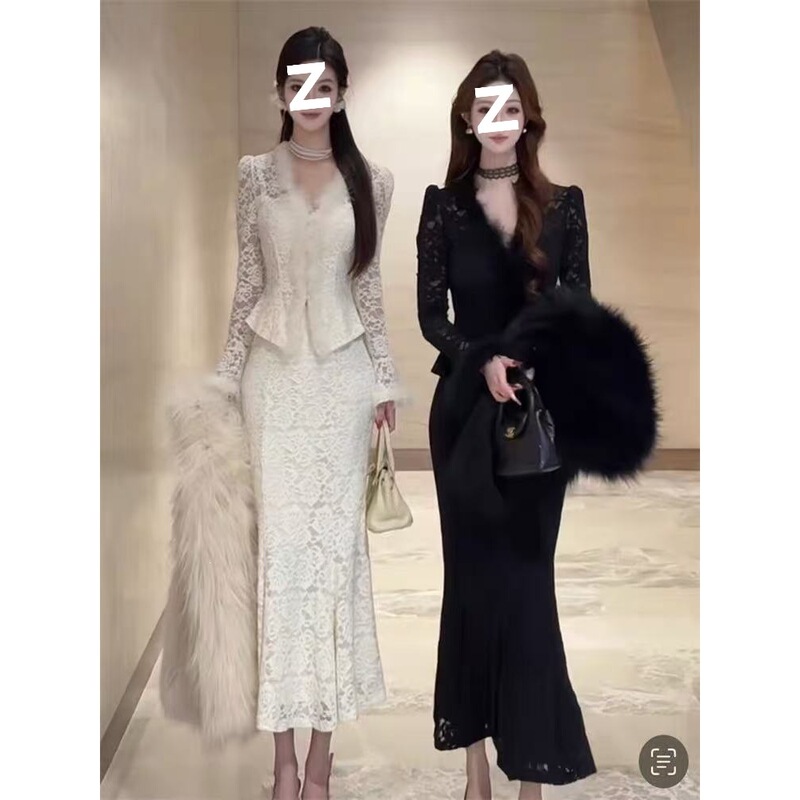 Korean-style, elegant lace suit dress, perfect for autumn and winter, featuring a long-sleeved V-neck shirt and a skirt, a two-piece set Korean-style, elegant lace suit dress, perfect for autumn and winter, featuring a long-sleeved V-neck shirt and a skirt, a two-piece set