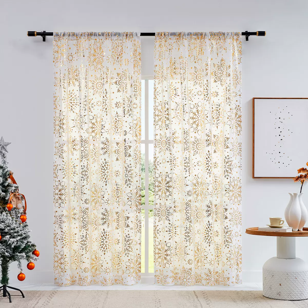 跨境热卖雪花烫金纱帘客厅卧室装饰不透人窗纱免打孔隔断纱帘成品