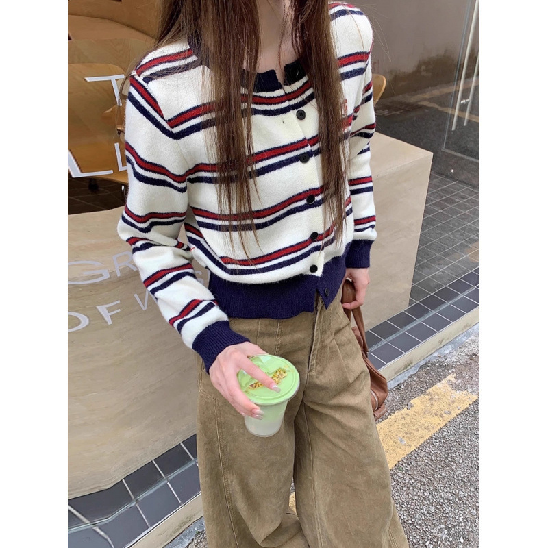 复古撞色条纹长袖针织开衫女2025秋冬季新款小狗刺绣宽松外套上衣|undefined
