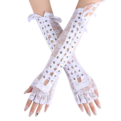 European and American sexy lace strap gloves, long temptation ribbon rivets, half-finger ceremonial ball gloves, nightclub cool