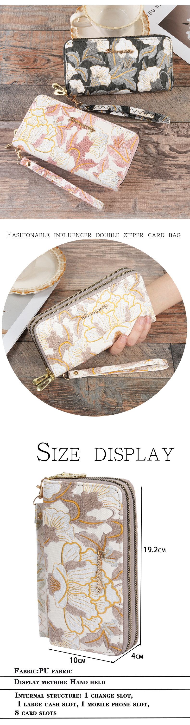 Zipper Closure Type Women's Flower Pu Leather Zipper Long Wallets