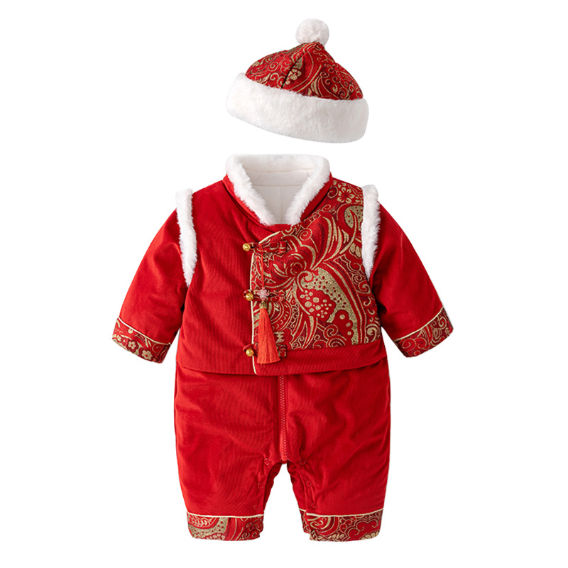 Ropa de bebé invierno nueva engrosada mono caliente niño bebé captura semana vestido estilo chino Tang traje Año Nuevo saludo ropa