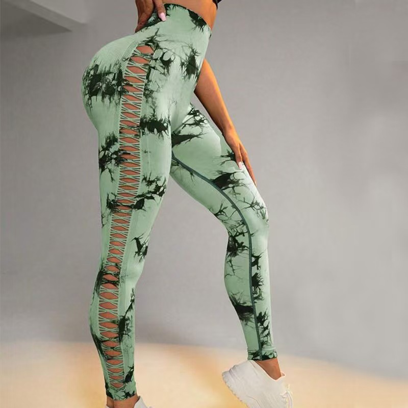 Transfronterizo de cintura alta hueco atado teñido de camisa de mel桃 hips fitness deportivo pantalones ajustados malla sexy ropa de yoga para mujeres